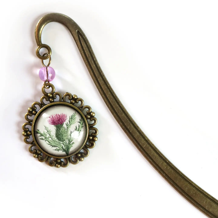 Scottish Thistle Brass Bookmark - Vintage Inspired Glass Cabochon