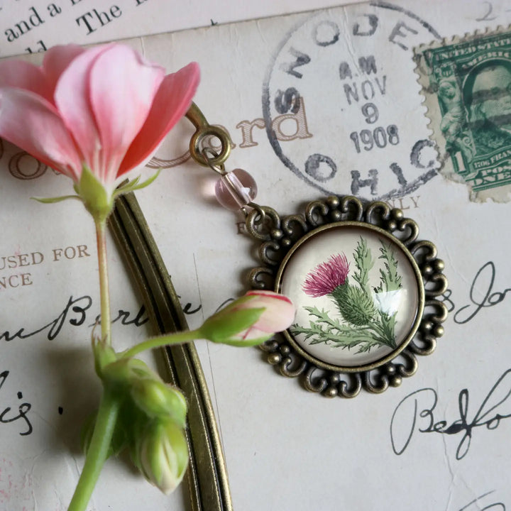 Scottish Thistle Brass Bookmark - Vintage Inspired Glass Cabochon