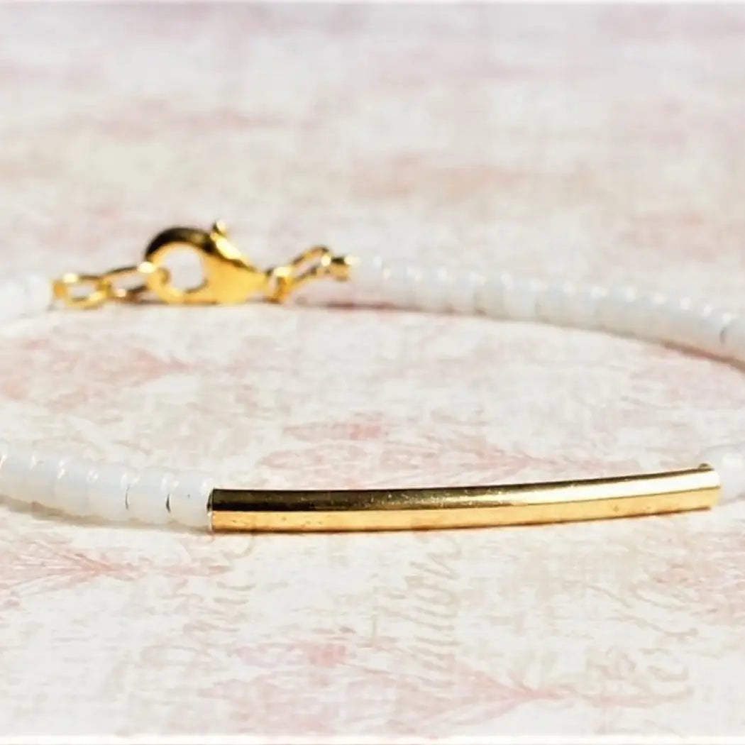 Milky white seed bead, gold filled bar bracelet