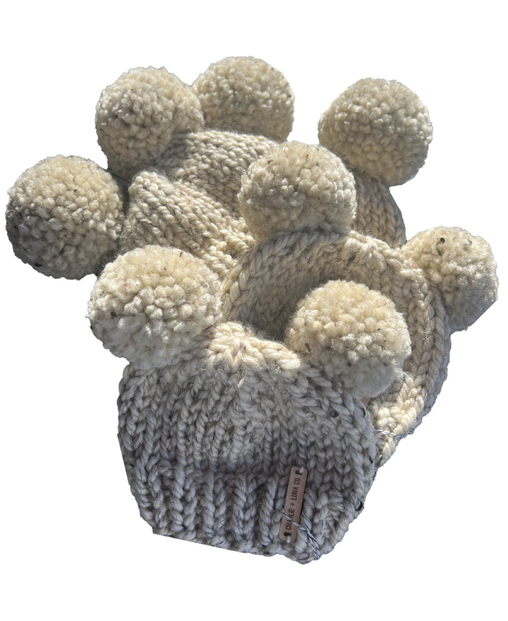 Oatmeal Double Pom Hand Knit Beanies