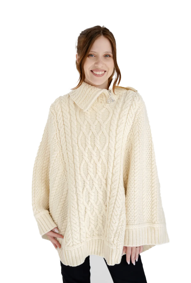 Irish Knit Cowl Neck Zipper Poncho, Merino Wool