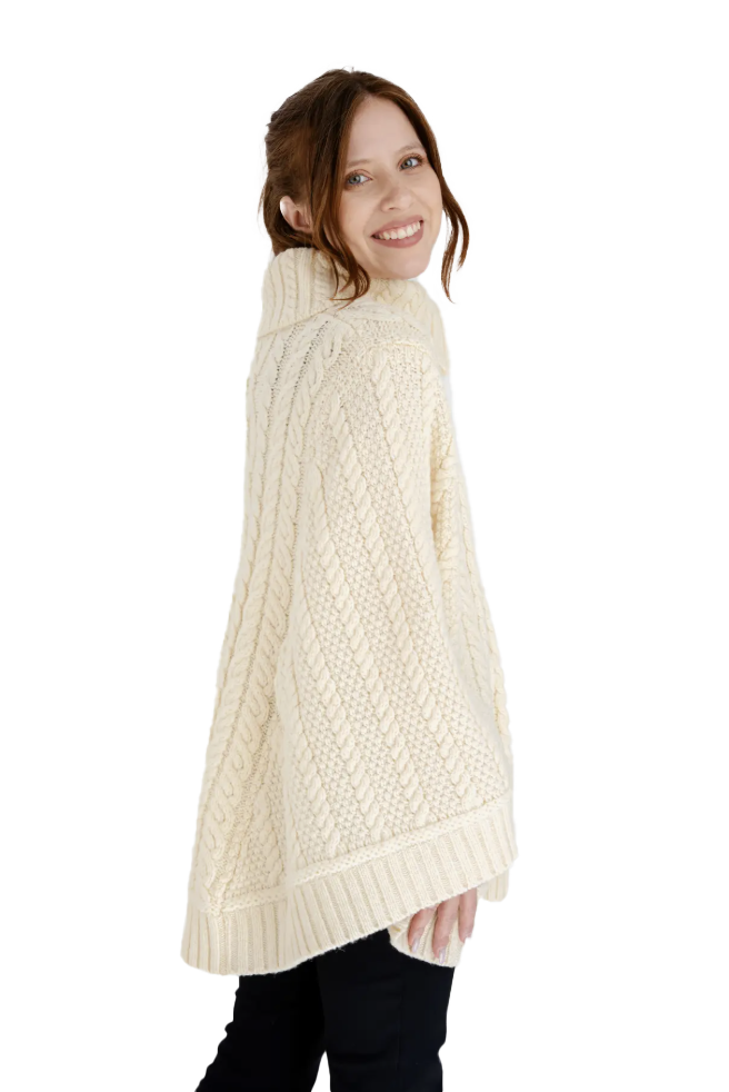 Irish Knit Cowl Neck Zipper Poncho, Merino Wool